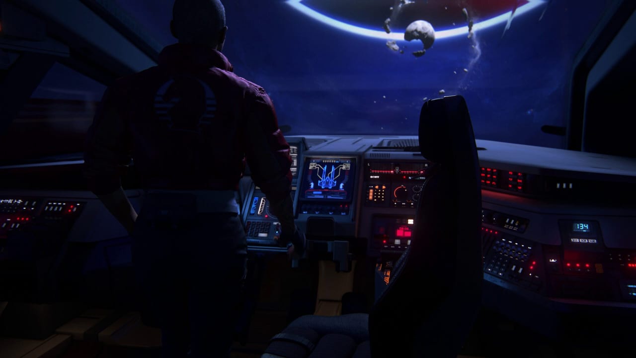 Jordan standing in a cockpit looking at Sempiria, a shattered moon, and the ship's HUD